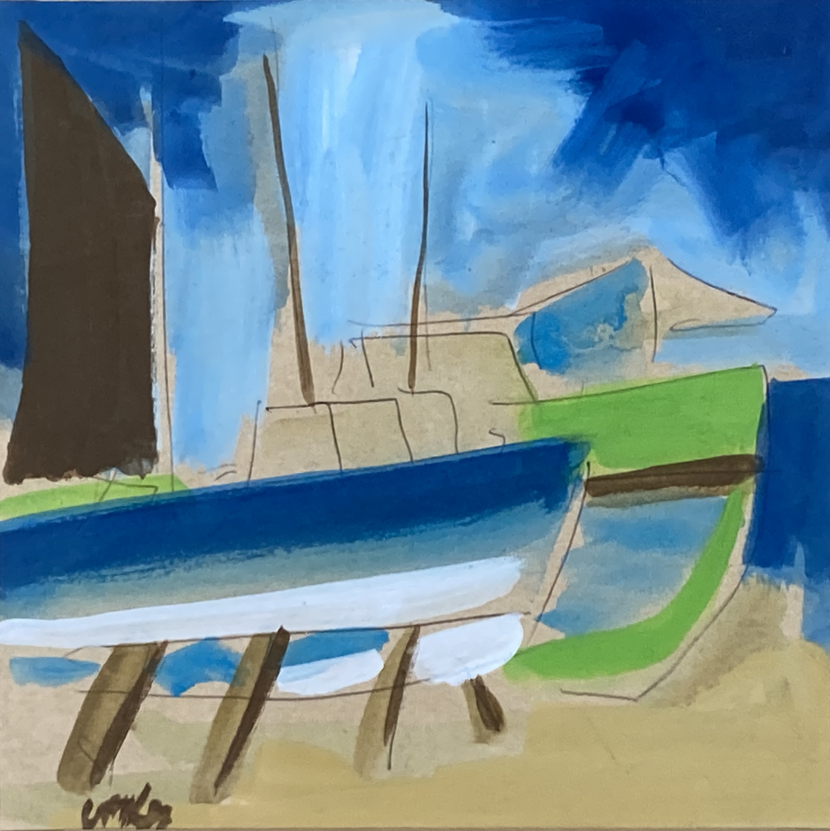 Markey Robinson (Irish, 1918-1989), gouache on board, Beach with fishing boat, 15.5 x 15.5cm